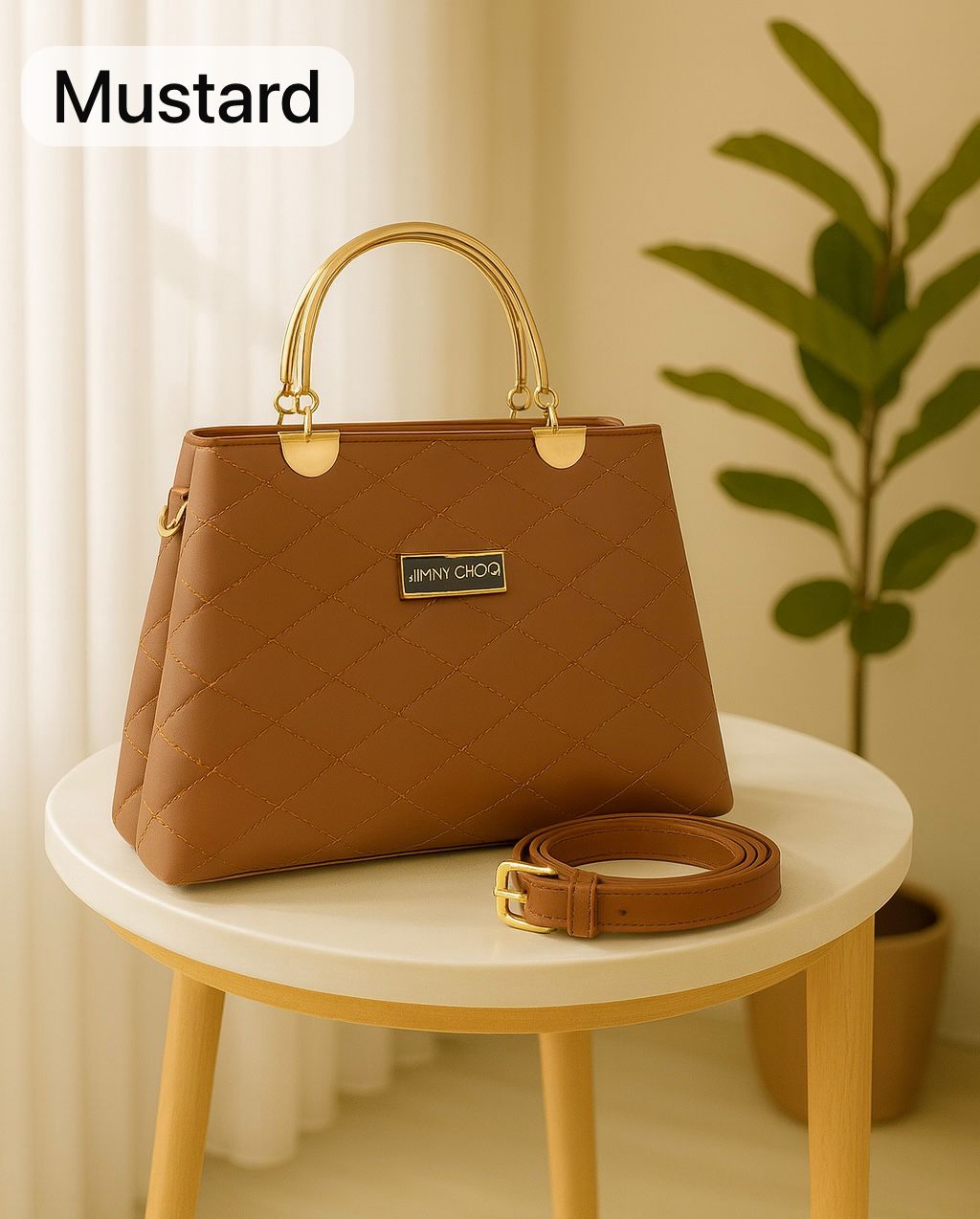 Premium Quilted Faux Leather Handbag - Golden Handles