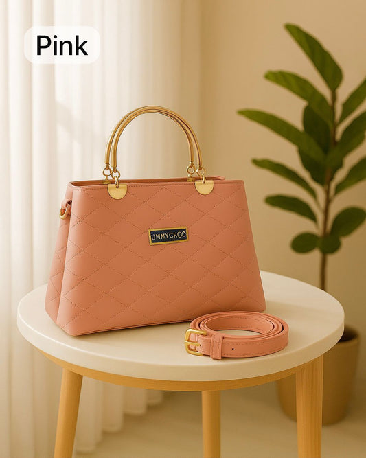 Premium Quilted Faux Leather Handbag - Golden Handles