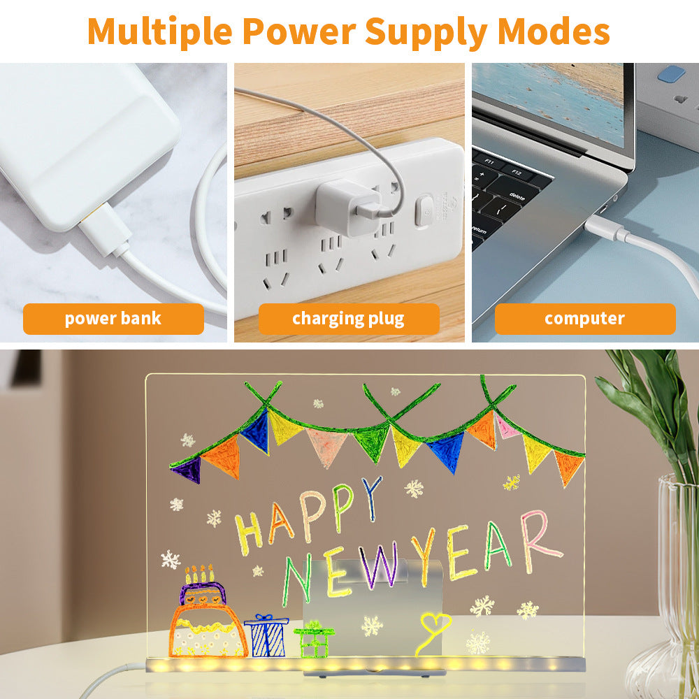 LED Light-Up Writing Board (12×8 cm) | Acrylic Message Pad with Stand | Colorful DIY Notes & Erasable Pens