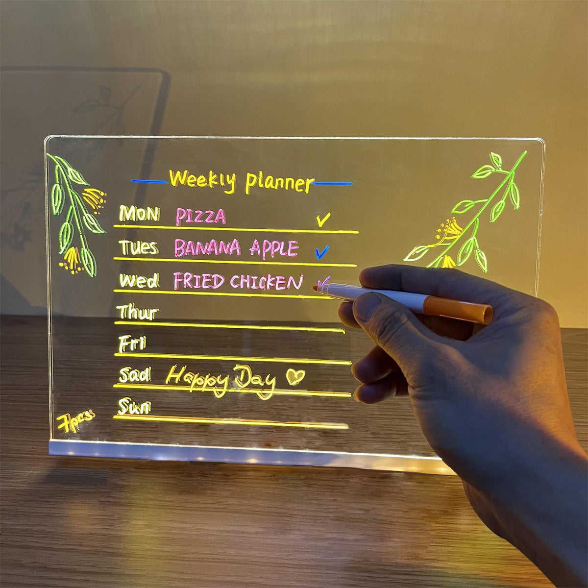 LED Light-Up Writing Board (12×8 cm) | Acrylic Message Pad with Stand | Colorful DIY Notes & Erasable Pens