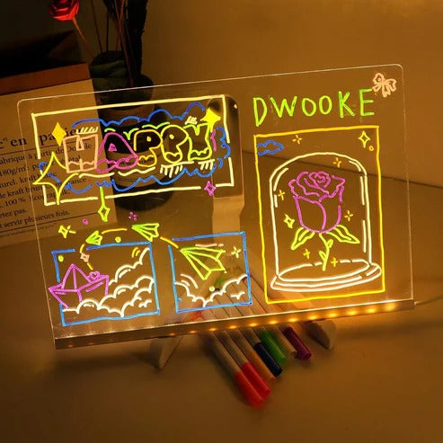LED Light-Up Writing Board (12×8 cm) | Acrylic Message Pad with Stand | Colorful DIY Notes & Erasable Pens